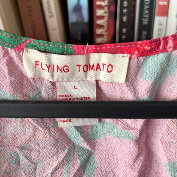 Flying Tomato Size Large Pink Short Sleeve Wrap Blouse with Red Roses - Picture 4 of 5